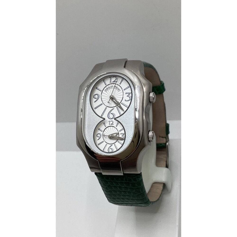 Philip Stein Dual Dial Silver Face Watch with Green Leather Strap